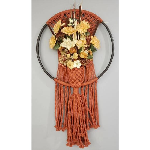 LARGE Vintage Wood Macrame 1970s MCM BOHO Wall Planter Fake Flowers Decor hippie